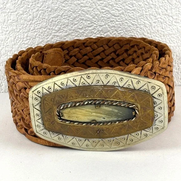 Braided Leather Belt Womens Large Brown Ornate‎ Buckle 41in Western Boho Cowgirl
