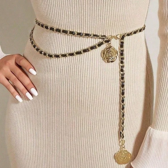 Gold and Black Chain Belt, Black Faux Leather and Gold Chain Belt