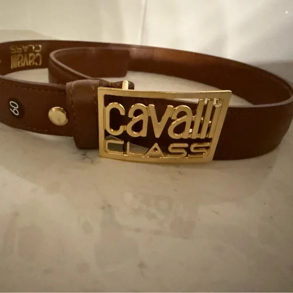Cavalli Class Tan Leather Belt with Gold Logo Buckle