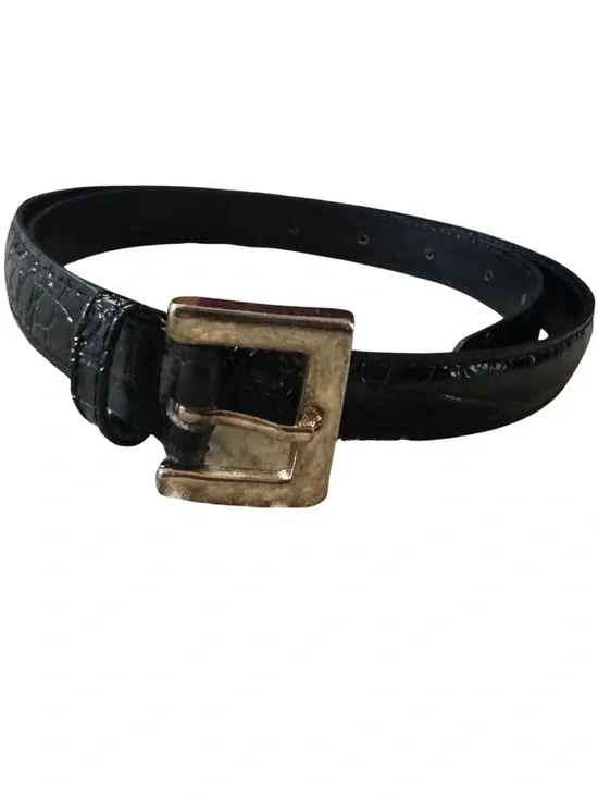 Black Croc-Embossed Leather Belt with Gold Buckle