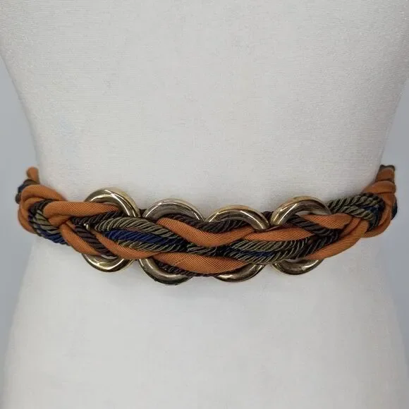 Vintage Ginnie Johansen Inc. Dallas Brown Gold Braided Velcro Belt Small Medium