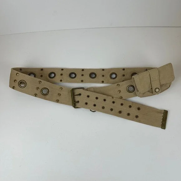 Vintage Military Style Tan Canvas Utility Belt with Pouch Grommet Studded Khaki