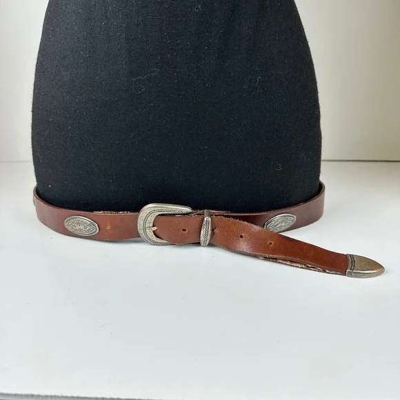 Vintage Western Brown Leather Concho Belt Silver Tone Engraved Buckle Size XL *