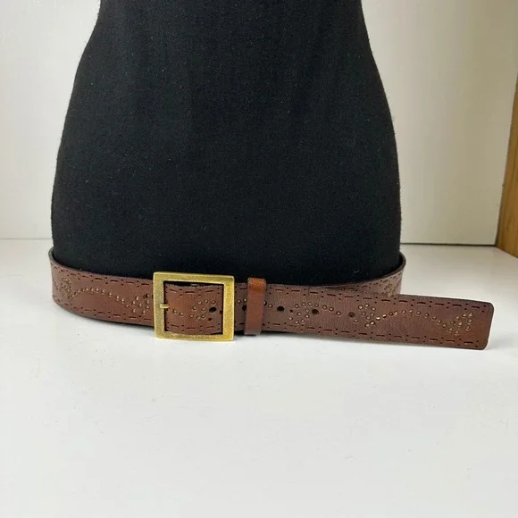 Brown Leather Perforated Studded Belt XL Brass Buckle Western Boho Casual
