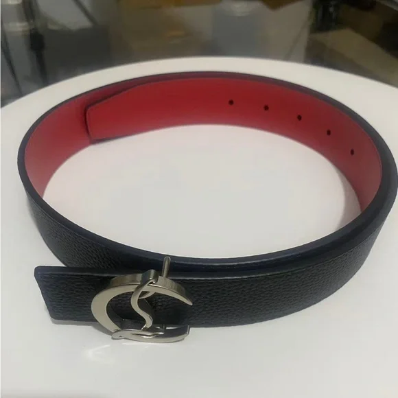 Christian Louboutin CL Buckle Reversible Leather Belt Black Red 34in