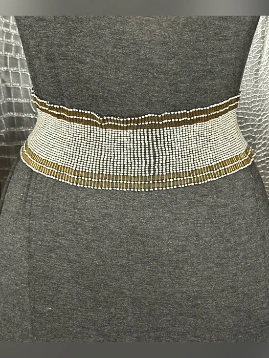 Beaded Waist Belt in White and Gold