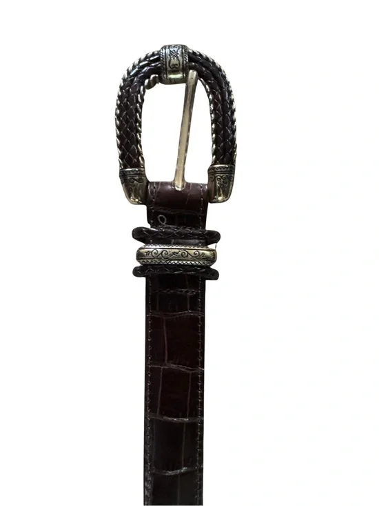Brighton Dark Brown Croc-Embossed Leather Belt with Decorative Silver Buckle S:M