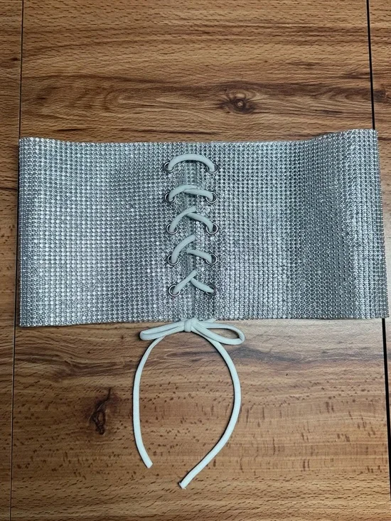 Silver Lace-Up Corset Belt with White Tie Lace