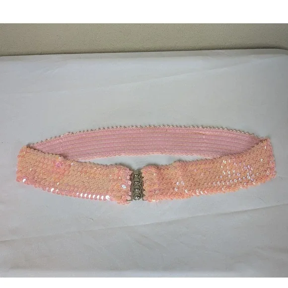 Vintage Peach‎ Pink Sequin Stretch Belt  Metal Clasp 80s Disco Costume Accessory