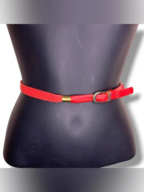 XS Vintage Red Gold Accent Belt Retro Western 80s Faux Leather Nylon Thin Style