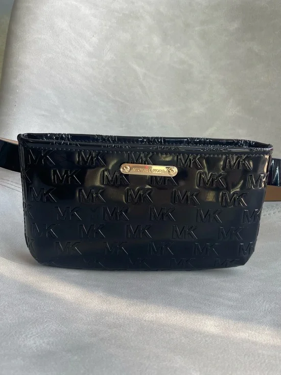 Michael Kors Black Patent MK Logo Belt Bag with Gold Plaque
