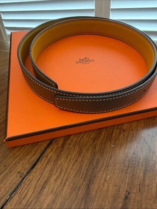 Hermès 24-MM SWIFT/EPSOM CALFSKIN BELT STRAP 085 ES JAUNE AMBRE/ETOUPE