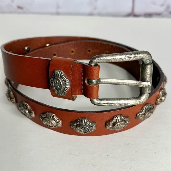 NEIMAN MARCUS Vintage Brown Leather Pewter Coastal Cowgirl Conch Belt Sz Large