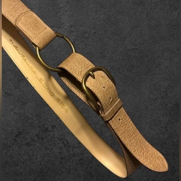 90s Vintage Sz M/L Womens Echo‎ Brown 100% Leather Double Gold Buckle Belt Y2K