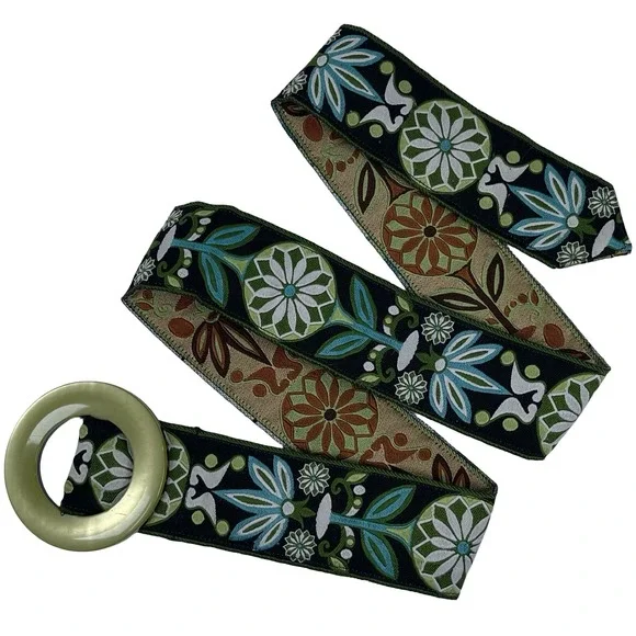 Vintage Floral Embroidered O-Ring Buckle Belt Womens Green Blue Boho Folk 70s