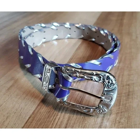 VTG 90s Faux Leather Western Leather Belt Silver‎ Tone Buckle Women M/L Purple