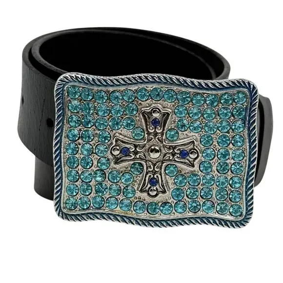 Vintage Express Leather Belt Rhinestone Cross Buckle Y2K Whimsygoth L