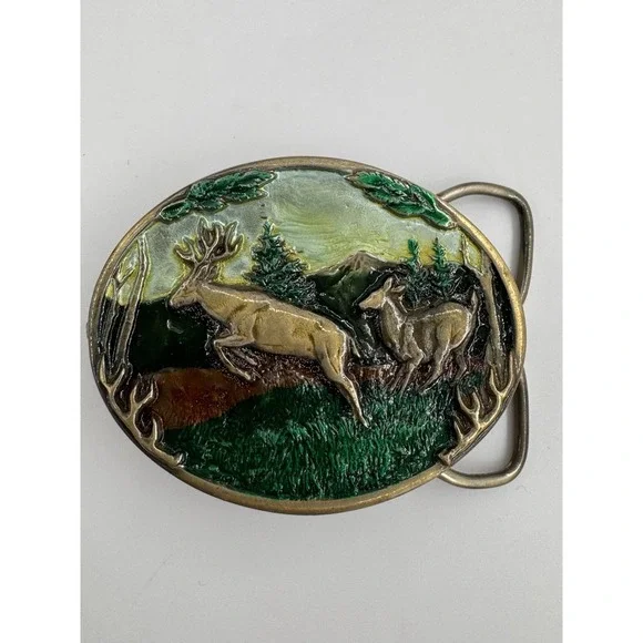 Belt Buckle Running Jumping Deer Buck Wildlife Hunting Western VTG 1985 C+J‎ USA