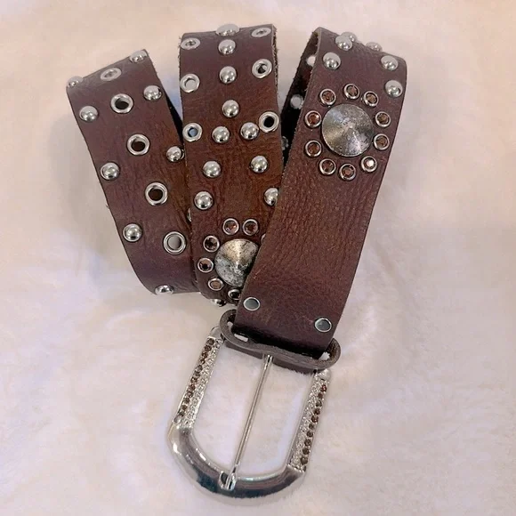 Leatherock Brown Leather Studded Crystal Embellished Belt SzM