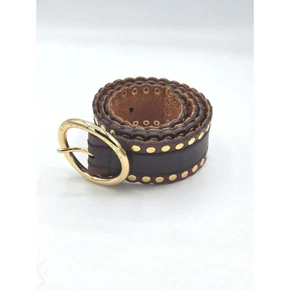 Michael Kors Brown Leather Studded Scalloped Edge Gold Buckle Belt Large‎