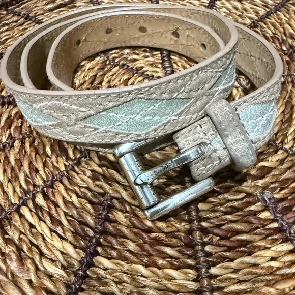 MICHAEL KORS Blue Tan Leather  Belt‎ - Silver Roller Buckle SIZE L 43” Diamond