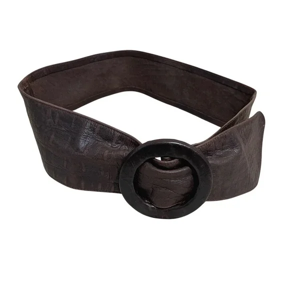 Wide Brown‎ Croc Embossed Leather Belt Round Wood Buckle Corset Sash Boho Retro