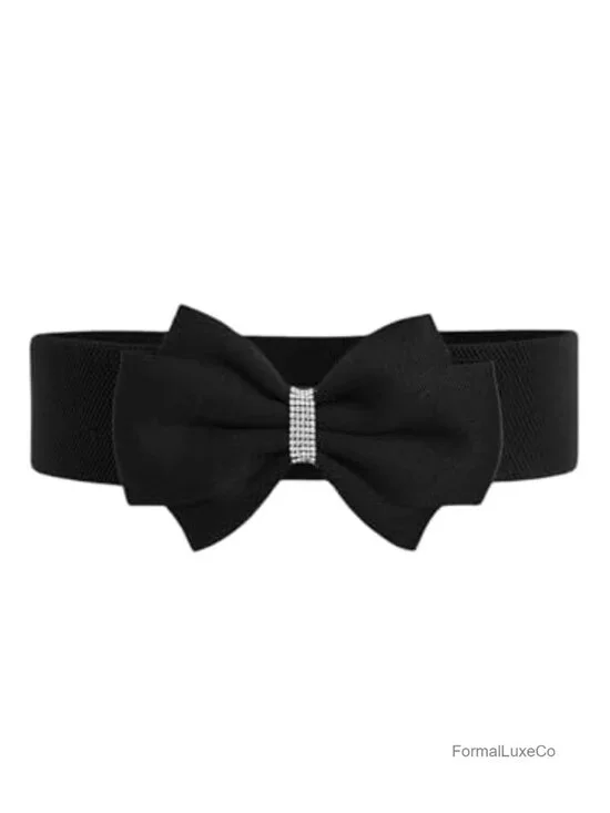 Elastic Wide Belt with Rhinestone Bow Buckle