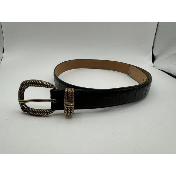 Brighton‎ Sz L Black Leather Crocodile Print Fashion Belt Brass Buckle 50123