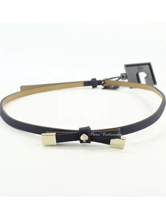 NEW Kate Spade 8mm Goldtone Tips Logo Spade Skinny Bow Belt, Blazer Blue