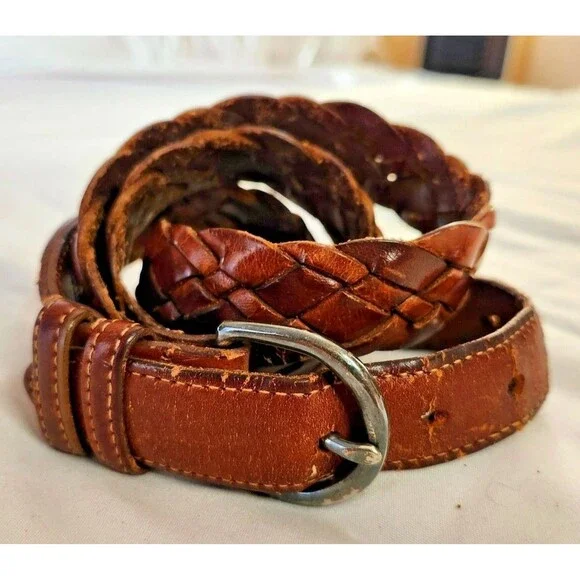 Vintage Coach Belt 36 British Tan Silver Woven Braided Leather Boho Western Slim