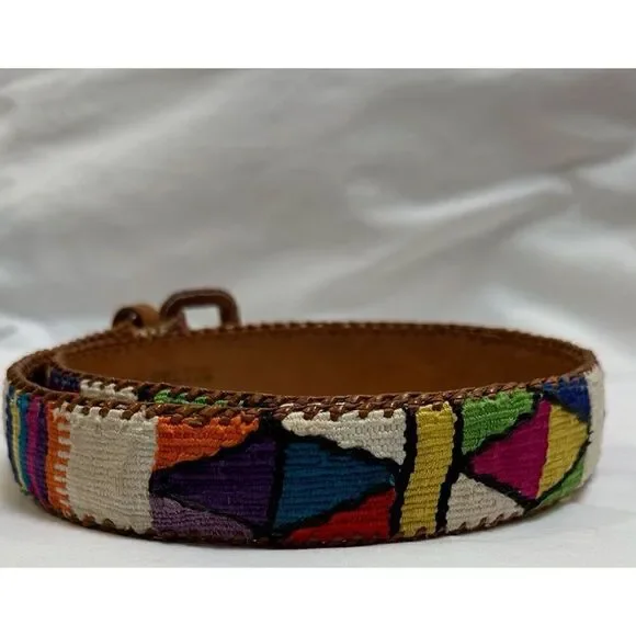 Mayan design inspired leather belt made in Guatemala size Small. #M-1289