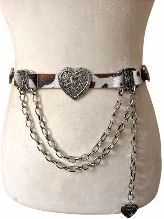 Haute Hippie Cow Print faux fur Hair-on-Hide Heart Chain Belt NWT
