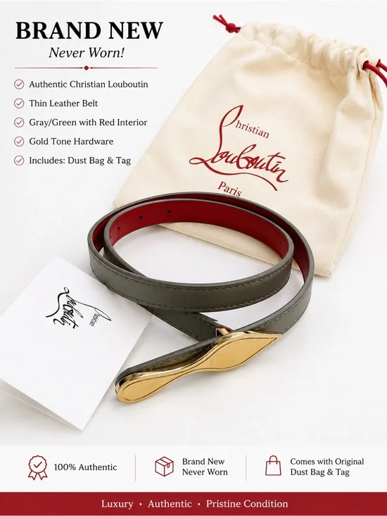 Christian Louboutin Olive Green Leather Belt with Red Interior and Gold Buckle