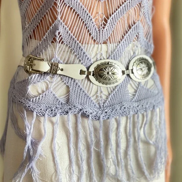 Western Silver Concho Belt White Faux Leather‎ Boho Cowboy Festival Southwestern