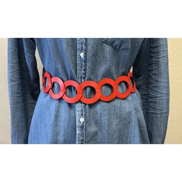 RARE VTG Loewe Belt Womens Small  Red Leather Round Links Adjustable ribbon tie