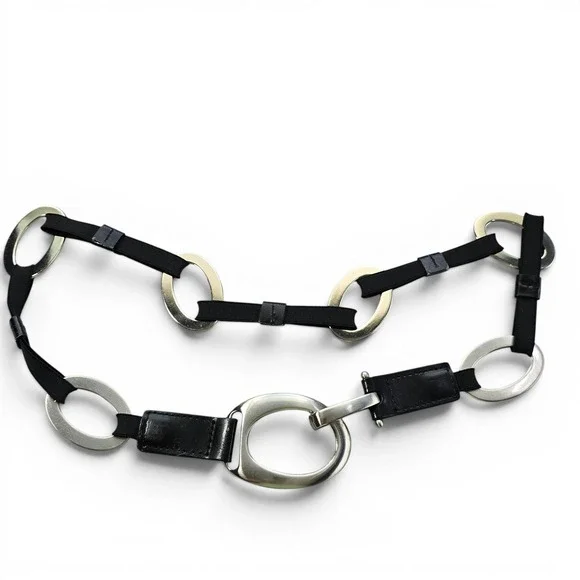 Suzi Roher? Oval Chain Link Belt Women's M/L Black Silver Leather Elastic Boho