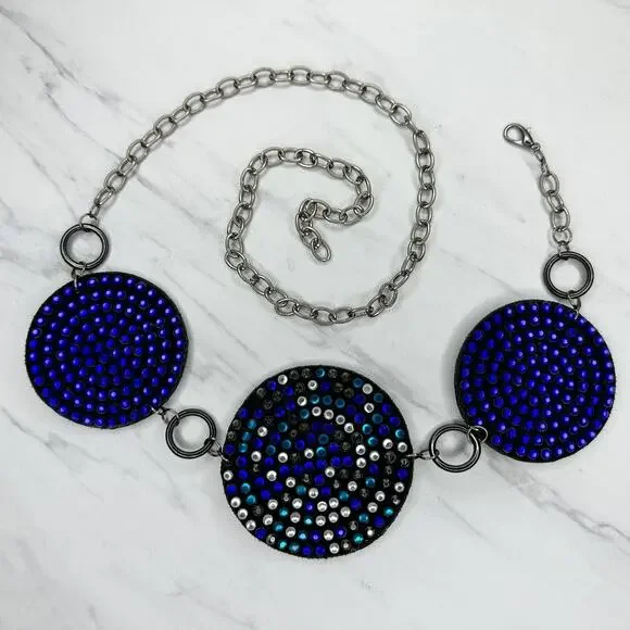 Blue Rhinestone Studded Silver Tone Chain Link Belt OS One Size