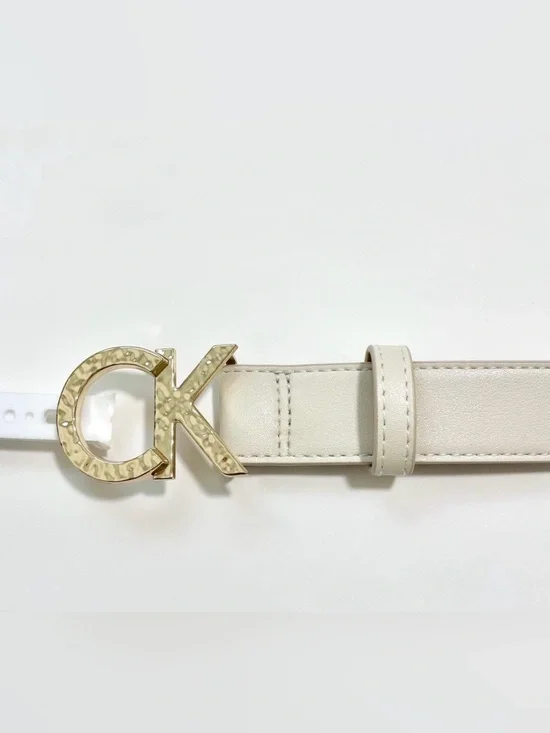 NEW Calvin Klein Cream BONE Leather Belt Gold HAMMERED CK Buckle SZ Med