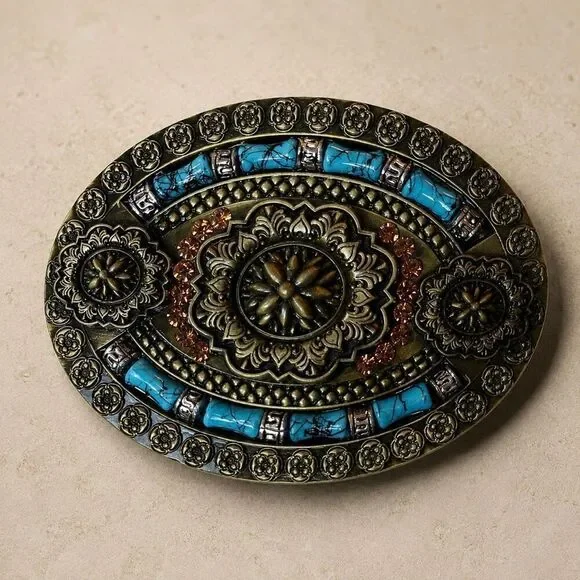 Western Cowboy Style Metal Buckle – Ornate Design with Turquoise Accents