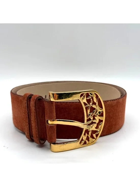 Vintage Cipriani Burnt Orange Genuine Suede Wide Belt Floral Brass Buckle Size M
