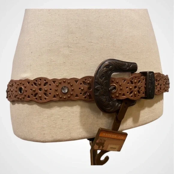 Women’s Brown Leather Studded Western Belt Bit & Bridle Cowgirl Buckle XL NWT