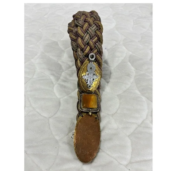 Vintage Braided Woven Belt with Decorative Stones and Metal Accents Boho Style‎