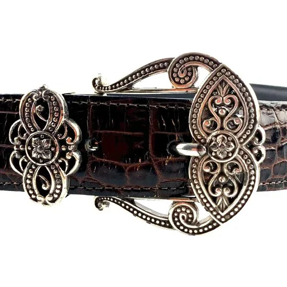 Vintage BRIGHTON 'B40369' Reversible Croc  Leather Belt‎ Silver Buckle
