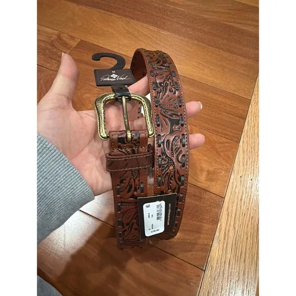 NWT‎ Patricia Nash Amelia Tan Tooled Leather Whipstitch Belt B157294 Medium
