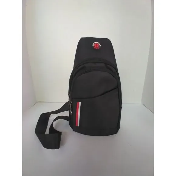 Sporty Black Crossbody Sling Bag Red White Stripe Detail Compact Travel Daypack‎