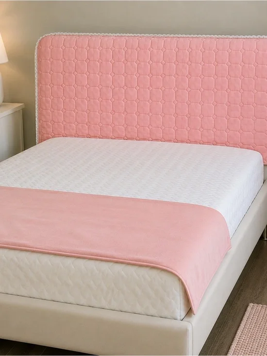 Pink Quilted Headboard Cover with Lace Trim – Soft Stretch Headboard Slipcover