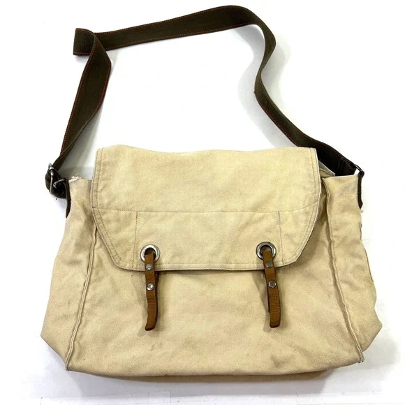 Old Navy Beige Canvas Messenger Bag Camo Lining Leather Tabs Distressed Adjustbl