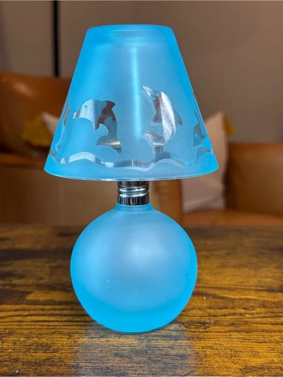 Vintage 90s Sparkle Dolphin Frosted Blue Glass Mini Lamp Tea Light Candle Holder