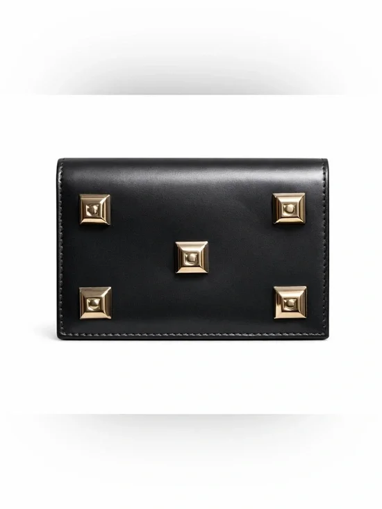 Salvatore Ferragamo Black Bifold Wallet Solid Studded Credit Card Holder w/COA/