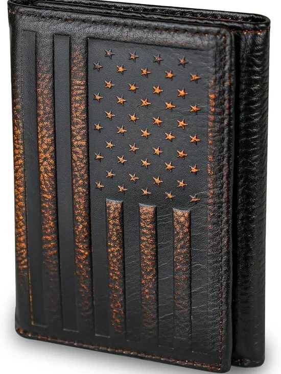 American Flag Trifold Wallet for Men | Full Grain Leather, RFID Blocking, Hand